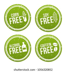 Set of Allergen free Badges. Corn, Soy, Alcohol and Caffein free. Vector hand drawn Signs. Can be used for packaging Design.