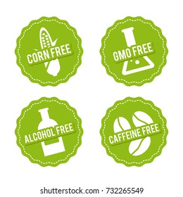 Set of Allergen free Badges. Corn, GMO, Alcohol, Caffeine free. Vector hand drawn Signs. Can be used for packaging Design.