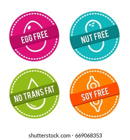 Set of Allergen free Badges. Egg free, Nut free, No Trans Fat, Soy free. Vector hand drawn Signs. Can be used for packaging Design.