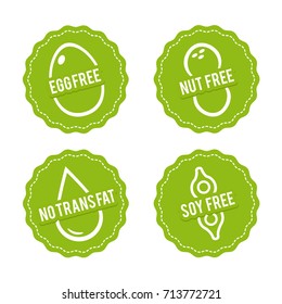 Set of Allergen free Badges. Egg free, Nut free, Soy free, No trans fat. Vector hand drawn Signs. Can be used for packaging Design.