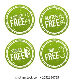 Set of Allergen free Badges. Lactose, Gluten, Sugar and Nut free. Vector hand drawn Signs. Can be used for packaging Design.