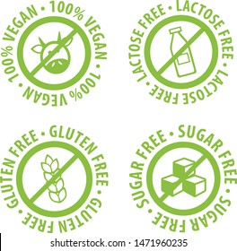Set of Allergen free Badges. Lactose free, Gluten free, Sugar free, 100% Vegan. Vector hand drawn Signs. Can be used for packaging Design.