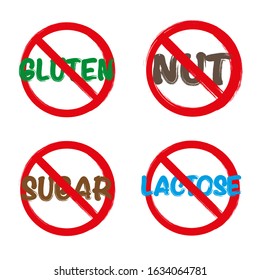 Set of Allergen free Badges. Lactose, Gluten, Sugar and Nut free. Vector hand drawn Signs. Can be used for packaging Design.