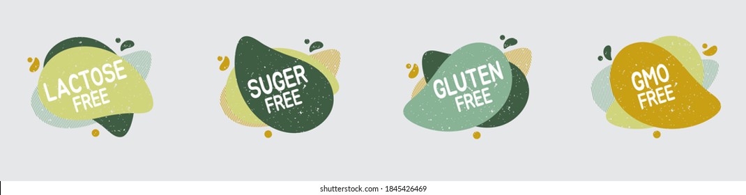 Set of allergen free badges. Lactose, gluten, sugar and GMO free. Vector signs of allergen contant for packaging design, cafe, restaurant badges, tags