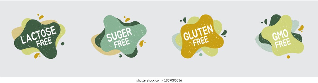 Set of allergen free badges. Lactose, gluten, sugar and GMO free. Vector signs of allergen contant for packaging design, cafe, restaurant badges, tags