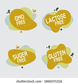 Set of allergen free badges. Lactose, gluten, sugar and GMO free. Vector signs of allergen contant for packaging design, cafe, restaurant badges, tags