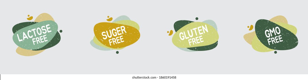 Set of allergen free badges. Lactose, gluten, sugar and GMO free. Vector signs of allergen contant for packaging design, cafe, restaurant badges, tags