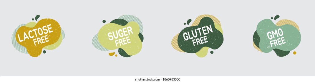 Set of allergen free badges. Lactose, gluten, sugar and GMO free. Vector signs of allergen contant for packaging design, cafe, restaurant badges, tags