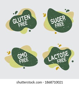 Set of allergen free badges. Lactose, gluten, sugar and GMO free. Vector signs of allergen contant for packaging design, cafe, restaurant badges, tags