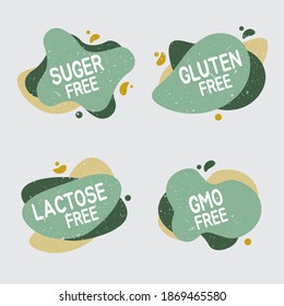 Set of allergen free badges. Lactose, gluten, sugar and GMO free. Vector signs of allergen contant for packaging design, cafe, restaurant badges, tags