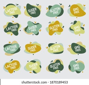 Set of allergen free badges. Lactose, gluten, sugar and GMO free. Vector signs of allergen contant for packaging design, cafe, restaurant badges, tags