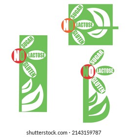 Set of Allergen free Badges. Lactose free, Gluten free, Sugar free, 100% Vegan. Vector hand drawn Signs. Can be used for packaging Design.