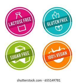 Set of Allergen free Badges. Lactose free, Gluten free, Sugar free, 100% Vegan. Vector hand drawn Signs. Can be used for packaging Design.