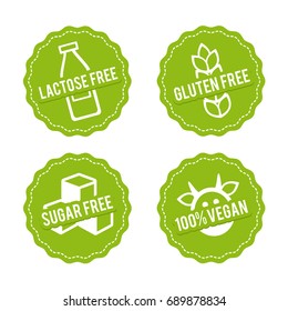 Set of Allergen free Badges. Lactose free, Gluten free, Sugar free, 100% Vegan. Vector hand drawn Signs. Can be used for packaging Design.