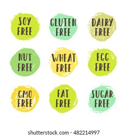 Set of allergen free badges. Soy, gluten, dairy, nut, wheat, egg, gmo, fat, sugar free. Vector hand drawn signs. Can be used for packaging design