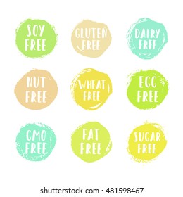 Set of allergen free badges. Vector hand drawn grunge food labels