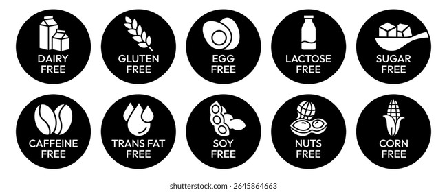 Set allergen free icons. Allergen free label products. Free lactose, gluten, sugar, corn, egg, trans fat, dairy, soy, nuts, caffeine, symbol, logo, badge, black, vector, isolated on white background.