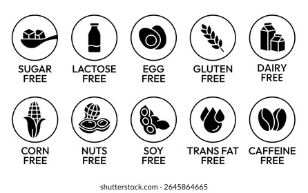 Set allergen free icons. Allergen free label products. Free lactose, gluten, sugar, corn, egg, trans fat, dairy, soy, nuts, caffeine, symbol, logo, badge, black, vector, isolated on white background.