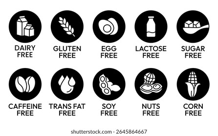 Set allergen free icons. Allergen free label products. Free lactose, gluten, sugar, corn, egg, trans fat, dairy, soy, nuts, caffeine, symbol, logo, badge, black, vector, isolated on white background.