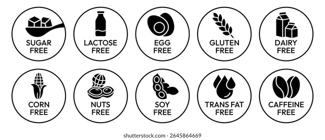 Set allergen free icons. Allergen free label products. Free lactose, gluten, sugar, corn, egg, trans fat, dairy, soy, nuts, caffeine, symbol, logo, badge, black, vector, isolated on white background.