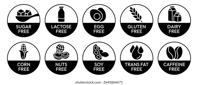 Set allergen free icons. Allergen free label products. Free lactose, gluten, sugar, corn, egg, trans fat, dairy, soy, nuts, caffeine, symbol, logo, badge, black, vector, isolated on white background.