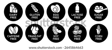 Set allergen free icons. Allergen free label products. Free lactose, gluten, sugar, corn, egg, trans fat, dairy, soy, nuts, caffeine, symbol, logo, badge, black, vector, isolated on white background.