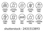 Set allergen free icons. Allergen free products. Products warning symbols. Lactose, gluten, sugar, corn, egg, trans fat, soy, nuts free, coffeine sign.