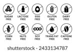 Set allergen free icons. Allergen free products. Products warning symbols. Lactose, gluten, sugar free, corn, egg, trans fat, soy, nuts free, coffeine sign.