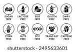 Set allergen free icons. Allergen free products. Products warning symbols. Lactose, gluten, sugar, corn, egg, trans fat, soy, nuts free, coffeine sign.