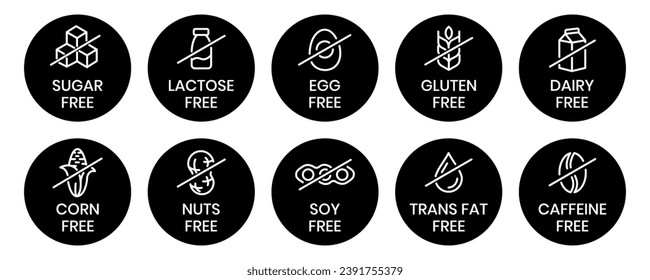 Set allergen free icons. Allergen free products. Products warning symbols. Lactose, gluten, sugar, corn, egg, trans fat, soy, nuts free, coffeine sign.