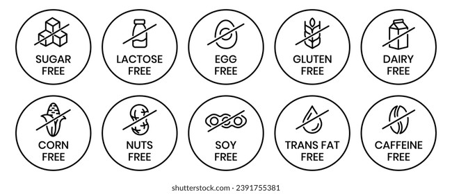 Set allergen free icons. Allergen free products. Products warning symbols. Lactose, gluten, sugar, corn, egg, trans fat, soy, nuts free, coffeine sign.