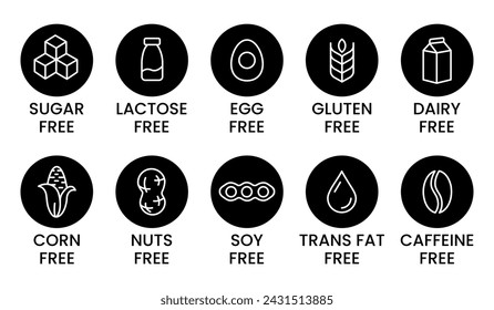 Set allergen free icons. Allergen free products. Products warning symbols. Lactose, gluten, sugar, corn, egg, trans fat, soy, nuts free, coffeine sign.