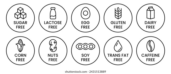 Set allergen free icons. Allergen free products. Products warning symbols. Lactose, gluten, sugar, corn, egg, trans fat, soy, nuts free, coffeine sign.