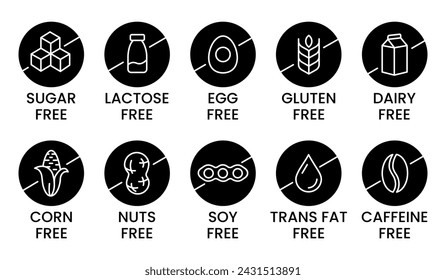 Set allergen free icons. Allergen free products. Products warning symbols. Lactose, gluten, sugar, corn, egg, trans fat, soy, nuts free, coffeine sign.