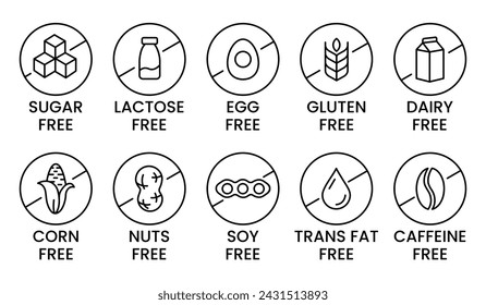 Set allergen free icons. Allergen free products. Products warning symbols. Lactose, gluten, sugar, corn, egg, trans fat, soy, nuts free, coffeine sign.