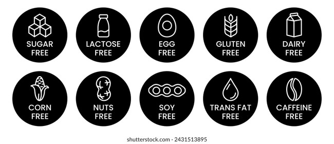 Set allergen free icons. Allergen free products. Products warning symbols. Lactose, gluten, sugar, corn, egg, trans fat, soy, nuts free, coffeine sign.