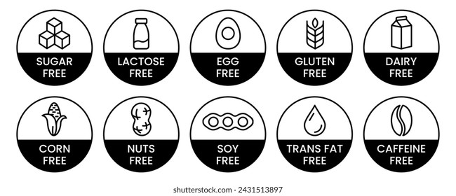 Set allergen free icons. Allergen free products. Products warning symbols. Lactose, gluten, sugar, corn, egg, trans fat, soy, nuts free, coffeine sign.