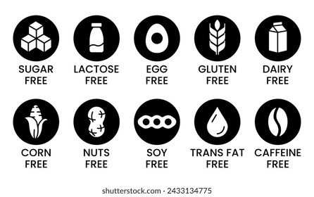 Set allergen free icons. Allergen free products. Products warning symbols. Lactose, gluten, sugar free, corn, egg, trans fat, soy, nuts free, coffeine sign.