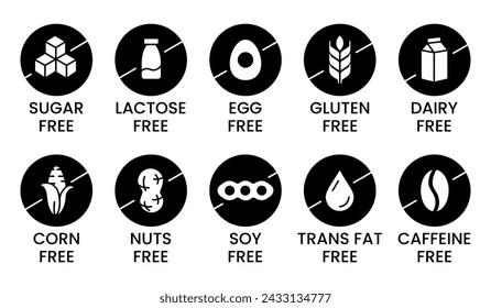 Set allergen free icons. Allergen free products. Products warning symbols. Lactose, gluten, sugar free, corn, egg, trans fat, soy, nuts free, coffeine sign.