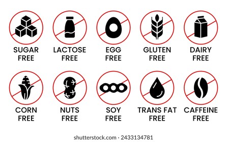 Set allergen free icons. Allergen free products. Products warning symbols. Lactose, gluten, sugar free, corn, egg, trans fat, soy, nuts free, coffeine sign.