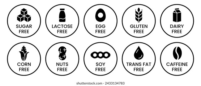 Set allergen free icons. Allergen free products. Products warning symbols. Lactose, gluten, sugar free, corn, egg, trans fat, soy, nuts free, coffeine sign.