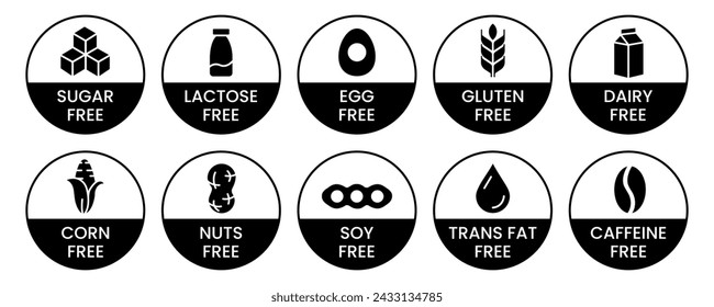 Set allergen free icons. Allergen free products. Products warning symbols. Lactose, gluten, sugar free, corn, egg, trans fat, soy, nuts free, coffeine sign.