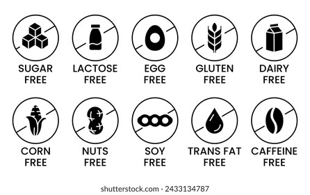 Set allergen free icons. Allergen free products. Products warning symbols. Lactose, gluten, sugar free, corn, egg, trans fat, soy, nuts free, coffeine sign.