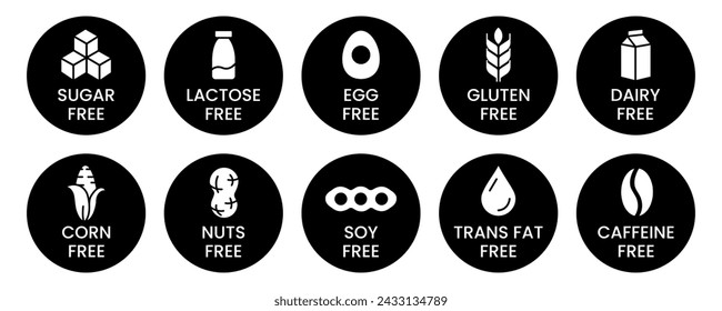 Set allergen free icons. Allergen free products. Products warning symbols. Lactose, gluten, sugar free, corn, egg, trans fat, soy, nuts free, coffeine sign.