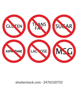 Set allergen free icons. Allergen free products. Products warning symbols. Lactose, gluten, sugar, corn, egg, trans fat, soy, nuts free, coffeine , bio ,gluten,msg, pfas sign.