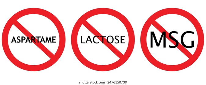 Set allergen free icons. Allergen free products. Products warning symbols. Lactose, gluten, sugar, corn, egg, trans fat, soy, nuts free, coffeine , bio ,gluten,msg, pfas sign.