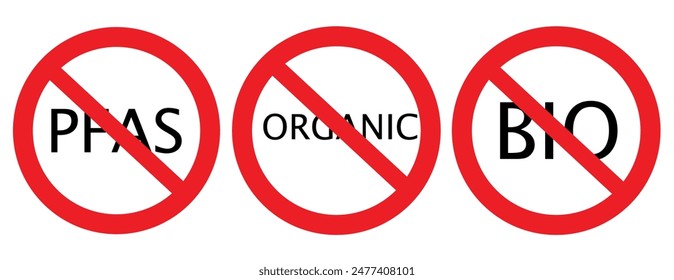 Set allergen free icons. Allergen free products. Products warning symbols. Lactose, gluten, sugar, corn, egg, trans fat, soy, nuts free, coffeine , bio ,gluten,msg, pfas sign.