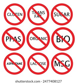 Set allergen free icons. Allergen free products. Products warning symbols. Lactose, gluten, sugar, corn, egg, trans fat, soy, nuts free, coffeine , bio ,gluten,msg, pfas sign.