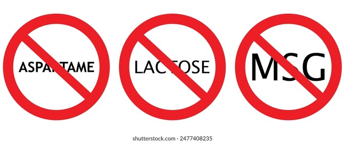 Set allergen free icons. Allergen free products. Products warning symbols. Lactose, gluten, sugar, corn, egg, trans fat, soy, nuts free, coffeine , bio ,gluten,msg, pfas sign.