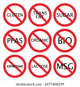 Set allergen free icons. Allergen free products. Products warning symbols. Lactose, gluten, sugar, corn, egg, trans fat, soy, nuts free, coffeine , bio ,gluten,msg, pfas sign.